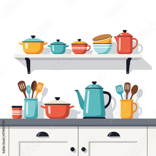 Colorful retro enamel kitchenware on a shelf. Flat design graphic of cooking pots, pans, and utensils. Home kitchen interior and organization concept