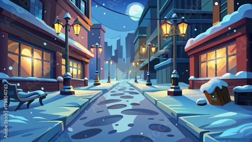 A cold winter scene showing distinct footprints on a frozen sidewalk, with blurred glowing streetlights and buildings creating a moody urban atmosphere