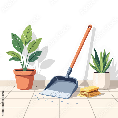 Dustpan and brush cleaning tools illustration. Household chores and spring cleaning concept. Modern flat design with potted plants on a tiled floor