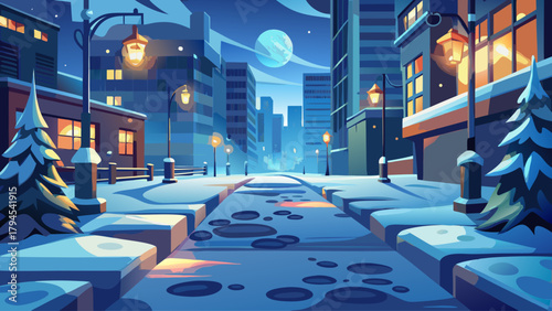 A cold winter scene showing distinct footprints on a frozen sidewalk, with blurred glowing streetlights and buildings creating a moody urban atmosphere