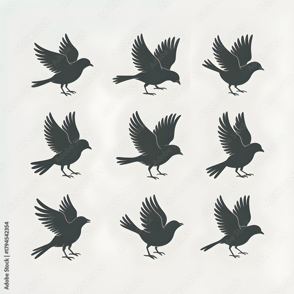 Obraz premium Nine Bird Flight Silhouettes: A graphic representation of nine birds in flight, each silhouette offering a unique perspective of movement. This image is perfect for symbolizing freedom and growth.