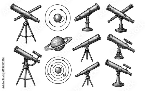 Vintage astronomy telescopes and planetary orbit diagrams in hand-drawn style