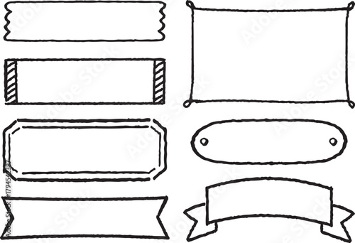 黒の線画の手描き風ラベル枠・見出し枠セット（背景色なし線画のみ）