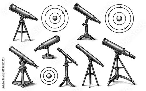 Vintage telescopes and celestial orbit diagrams in detailed sketch style