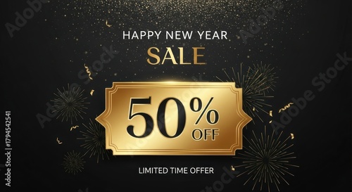 Elegant New Year Sale Banner with Golden 50 Off Offer.