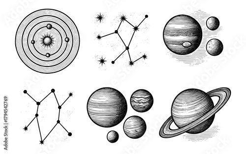 Vintage celestial designs: planets and constellations in detailed ink art
