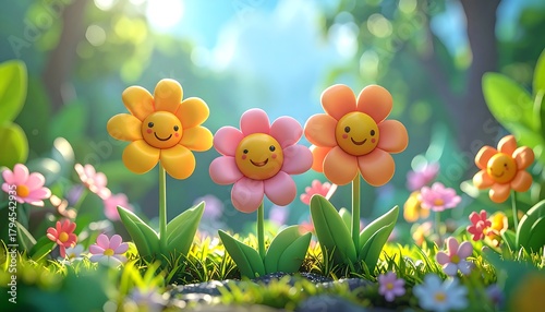 Cheerful cartoon flowers with smiling faces stand in a sunny field, grass and trees blurred in the background
