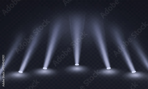 Bright blue stage spotlight illuminates the dark theater space for a concert show