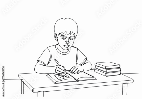 A young boy studying at a desk in a continuous one line drawing. Home schooling and education concept. Minimalist black and white contour sketch