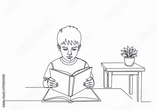 A young boy reading a book at a desk. Home schooling and education concept. Minimalist continuous one-line art drawing