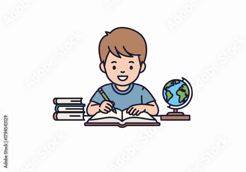 A cartoon boy studying at a desk. Home schooling and education concept. Student doing homework with books and a globe
