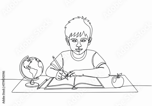Continuous one line drawing of a boy studying at a desk. Home schooling and education concept. Minimalist student writing in a notebook