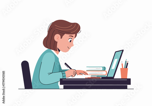 Young person studying at a desk with a laptop and books. Home schooling and online education concept. Flat design character graphic