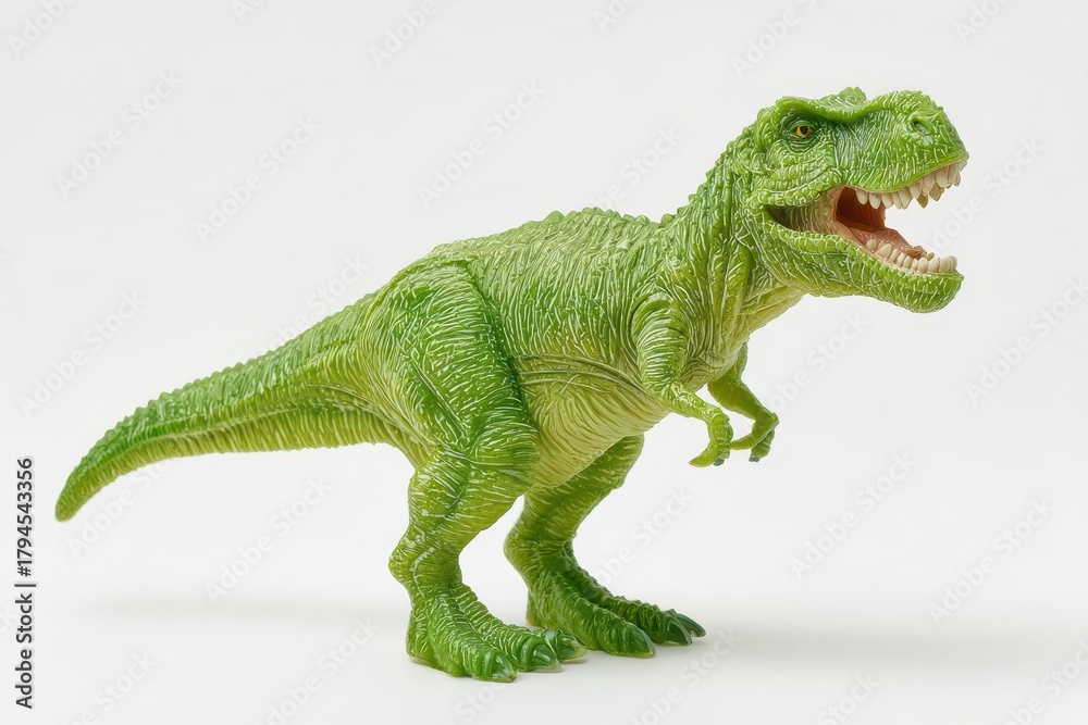 Obraz premium Green plastic tyrannosaurus figure on a pure white backdrop