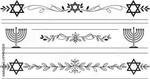 Collection of elegant black and white decorative borders with star of david and menorah symbols and floral elements
