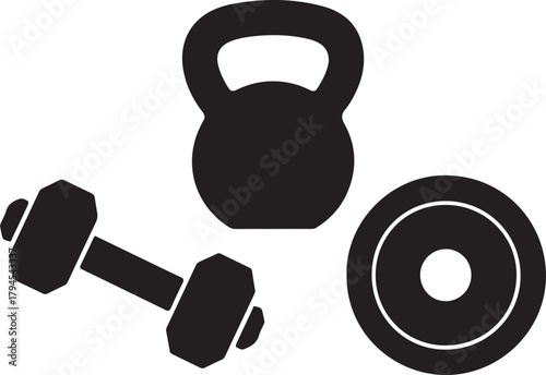 Kettlebell dumbbell and weight plate vector icons