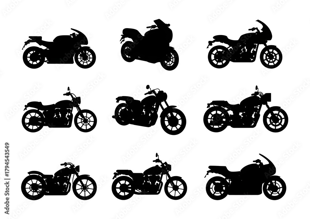 Obraz premium Motorcycle Silhouette Collection: A diverse compilation of motorcycle silhouettes showcases the sleek designs and unique features of different motorbikes, ideal for various design projects and themes.