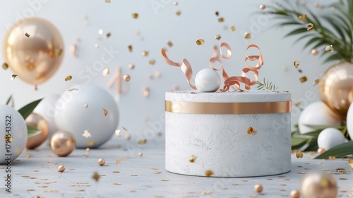 Minimalistic podium with 3D confetti and ribbons on a sleek stage.