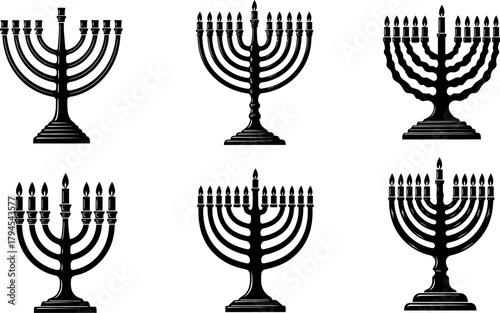 Collection of six stylized black silhouettes of menorahs on a white background