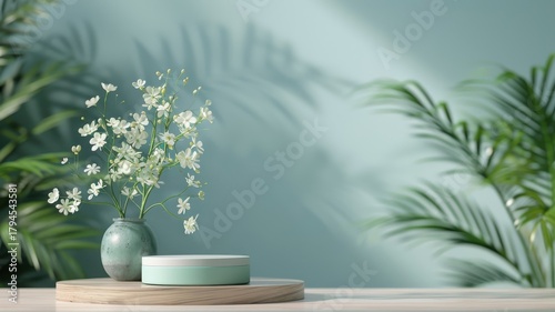 Product showcase on a green podium, forest background, white flowers, wooden platform in a tropical garden.