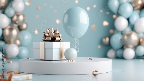 Blue 3D podium with a balloon backdrop, showcasing a gift box on a stage, ideal for birthday celebrations and product displays.