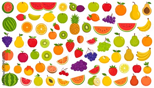 Colorful assortment of cartoon-style fruit slices, whole fruits and pieces, a vibrant mix of healthy edibles