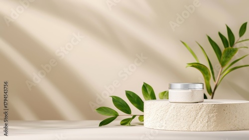 Stone podium with green leaves on a beige background, ideal for showcasing cosmetic beauty products on an organic platform.