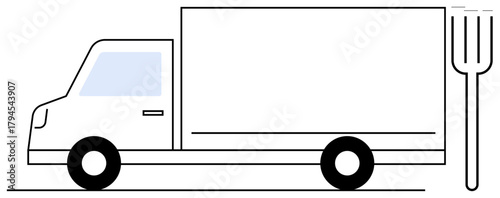 Minimal design of a delivery truck and fork representing food transportation. Ideal for logistics, supply chain, farming, food service, sustainability, catering, distribution. Simple flat metaphor