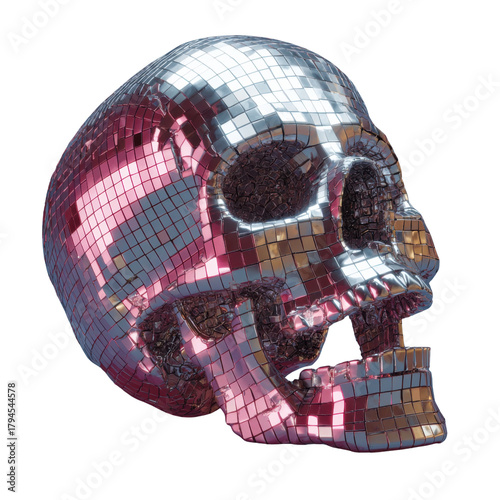 Disco Skull: A reflective disco ball skull sparkles and shimmers, combining the macabre with a touch of fun. The artwork creates an unexpected mix of life's ephemerality and the joy of celebration.