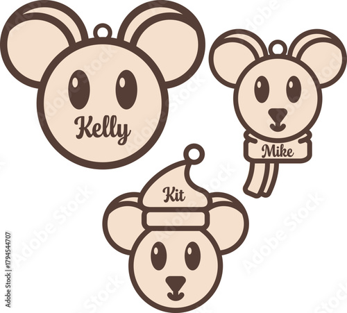 Mouse Christimas ornament SVG, personalized name, custom monogram, cute mice set of 3, xmas tree hanging ornaments for kids, laser cut ready files, glowforge silhouette cricut