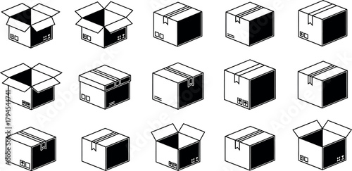 Collection of hand drawn isometric cardboard boxes in various open and closed states for shipping and storage