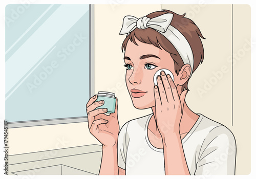 A woman performing her daily skincare routine with a cotton pad and cream. Beauty and cosmetic treatment concept. Cartoon character graphic for self-care and dermatology.