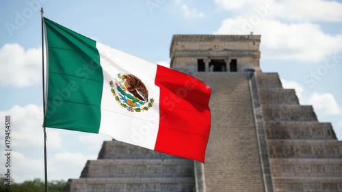 Mexican flag waving in front of the pyramid of kukulkan in chichen itza