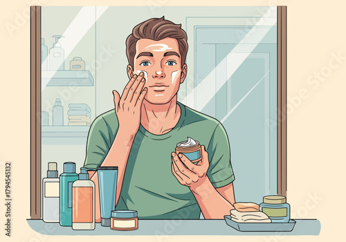A young man performing his daily skincare routine. Male character applying face cream in a bathroom setting. Men's grooming and self-care concept