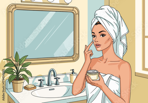 Pop art drawing of a woman's daily skincare routine. Female character applying moisturizer in a bathroom. Self-care and beauty concept