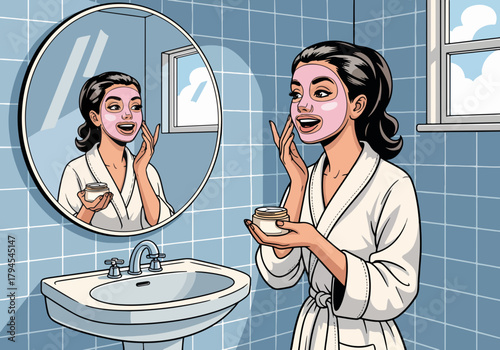 Woman applying a pink face mask in the bathroom. Skincare and beauty routine concept. Pop art comic style graphic