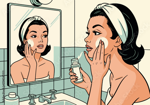 A retro pop art graphic of a woman's skincare routine. Character applying face cream in a vintage bathroom mirror. Mid-century comic style design