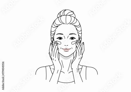 Woman applying face cream during her skincare routine. Minimalist line art of a beauty treatment. Cosmetic and dermatology concept