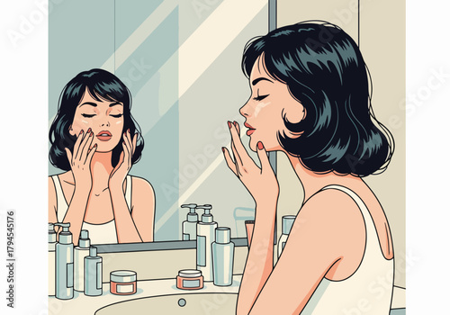 A woman applying face cream in front of a mirror. Daily skincare routine concept. Retro pop art graphic for beauty and self-care