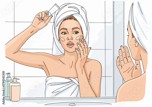 Woman applying face cream in a bathroom mirror. Daily skincare routine and self-care concept. Clean line art drawing
