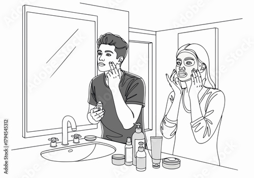 A couple performing their skincare routine together in the bathroom. Minimalist line art drawing of a man and woman applying face cream and a mask. Self-care and beauty concept graphic