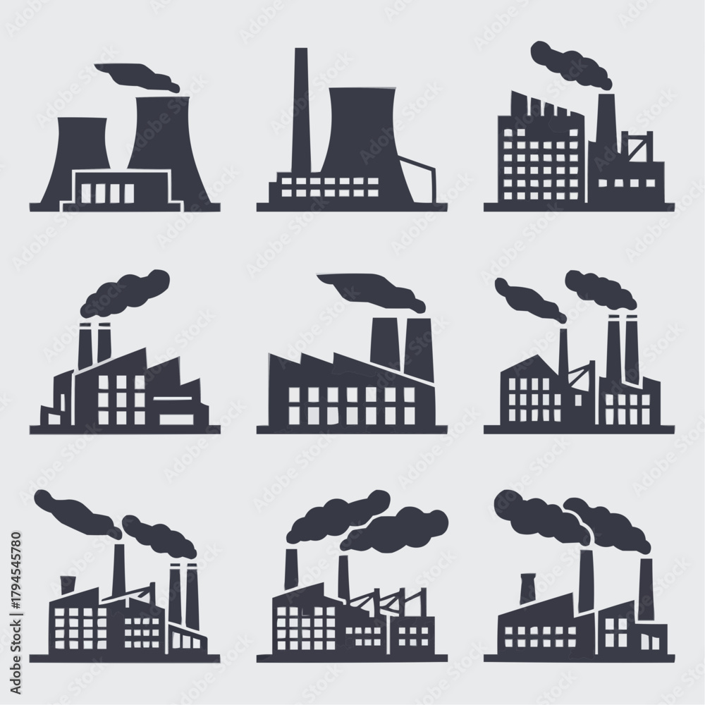Fototapeta premium Industrial Silhouettes: A collection of stylized factory illustrations, with smokestacks and industrial structures, representing the essence of industry and production.