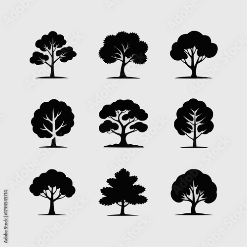 Diverse Tree Silhouettes: Nine distinct tree silhouettes showcased against a minimalist background, each representing a different species, demonstrating the variety in arboreal form