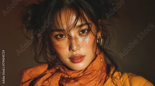 Young Asian model with loose hair and an intense gaze posing in close-up against warm light and a neutral background.