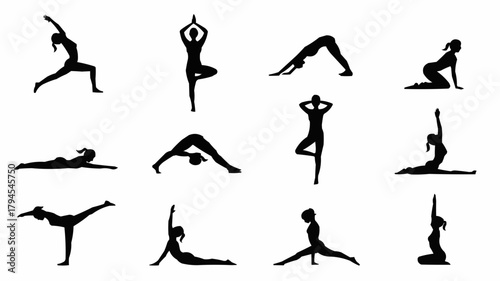 Yoga Poses Silhouette: A collection of various yoga poses, captured in sleek black silhouettes against a background, representing the fluidity and strength.