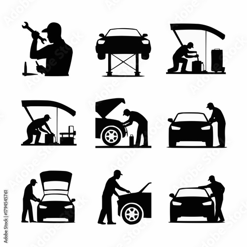 Automotive Technicians at Work: A collection of silhouetted images depicts skilled mechanics diligently servicing vehicles in a professional garage setting.