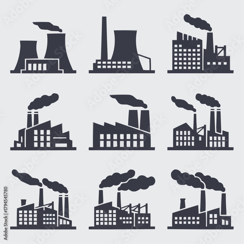 Industrial Silhouettes: A collection of stylized factory illustrations, with smokestacks and industrial structures, representing the essence of industry and production.