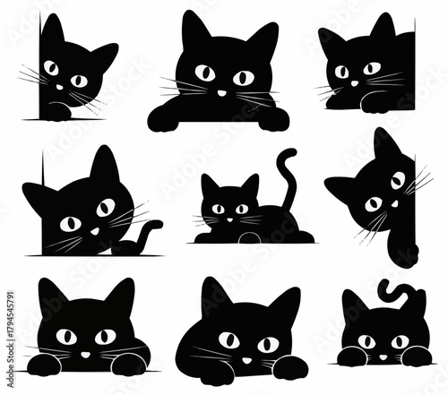 Whimsical Black Cats: A collection of adorable black cats peeking and playfully engaging, illustrating a charming sense of curiosity and delightful mischief.