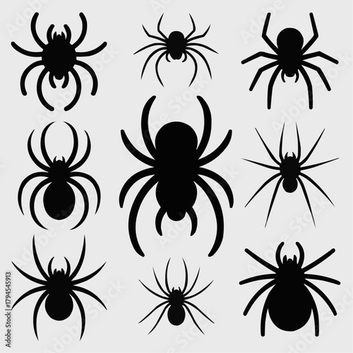 Spider Silhouette Collection: A collection of various spider silhouettes, ideal for design, perfect for a spooky atmosphere and evoke fear.