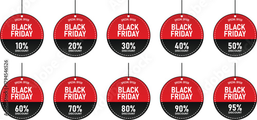 Collection of ten oval shaped red and black black friday sale tags displaying various percentage discounts on a white background